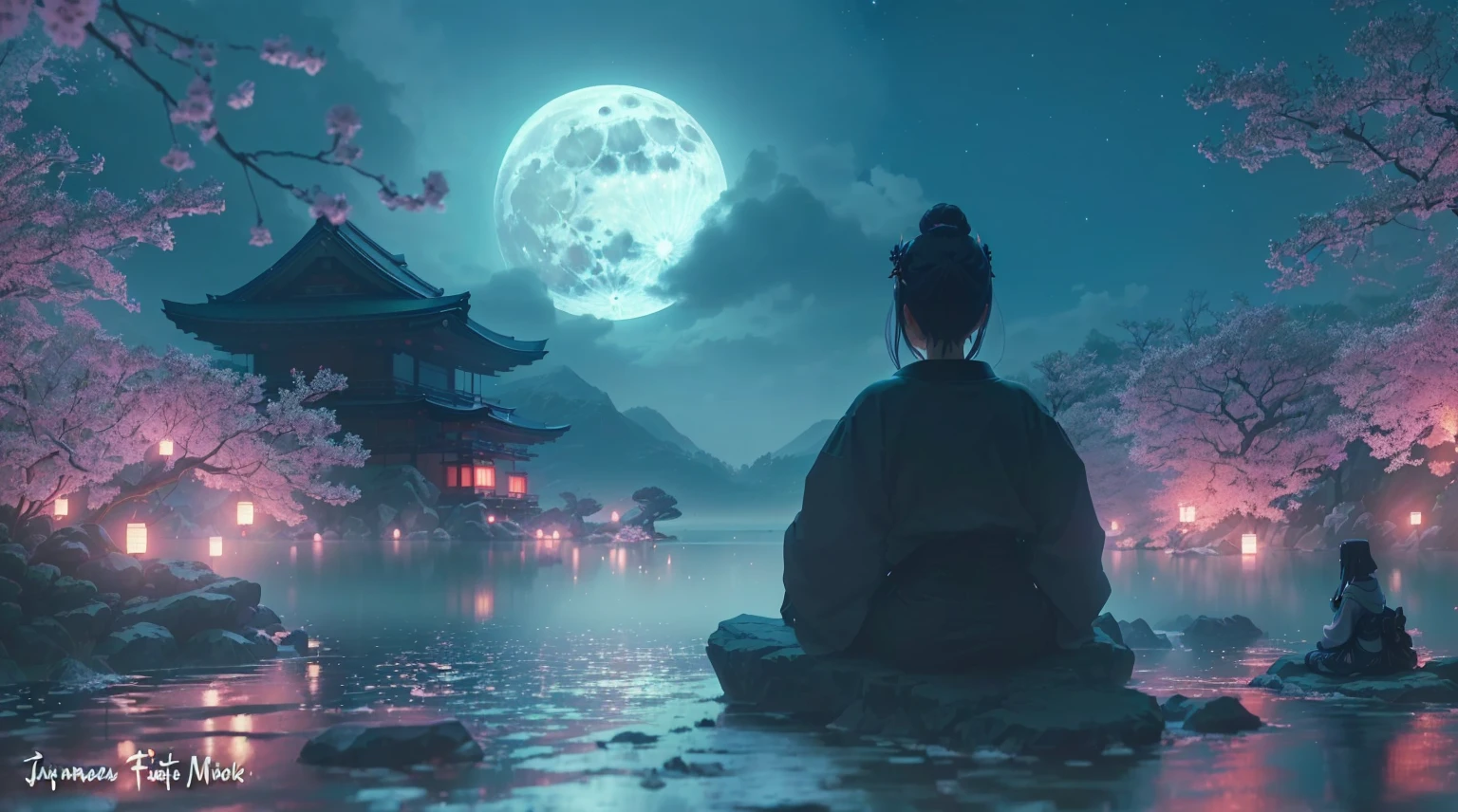 a woman sitting on a rock in the middle of a lake with a full moon in the background, zen méditation cyberpunk, japanese art style, japanese fantasy, anime beautiful peace scene, japan at night, moonlit night dreamy atmosphere, japonisme 3 d 8 k ultra detailed, anime background, the glow of the moonlight, japanese influences