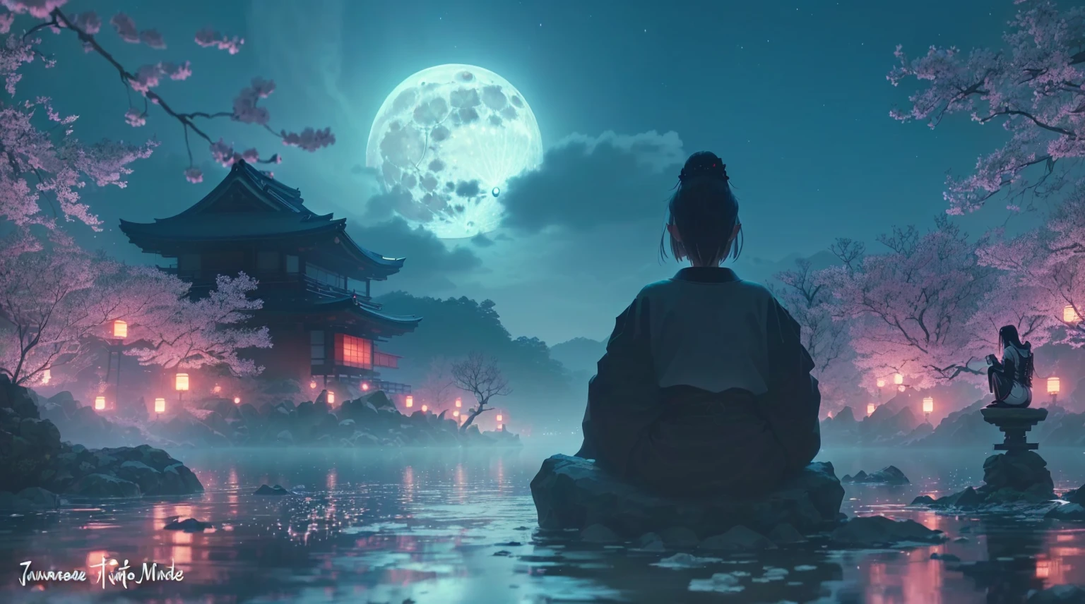 a woman sitting on a rock in the middle of a lake with a full moon in the background, zen méditation cyberpunk, japanese art style, japanese fantasy, anime beautiful peace scene, japan at night, moonlit night dreamy atmosphere, japonisme 3 d 8 k ultra detailed, anime background, the glow of the moonlight, japanese influences