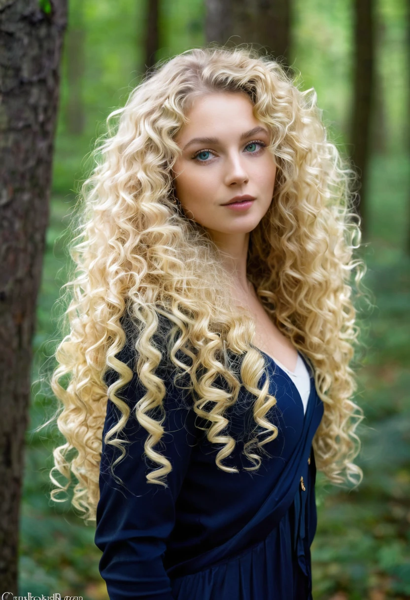 A woman with long blonde hair standing in a forest., curly blonde hair | long curly blonde hair, long curly fluffy blonde hair, long curly light blonde hair, beautiful green eyes beautiful blonde woman, curly blonde hair, curly blonde hair, Beautiful autumn spirit, Pale skin.
