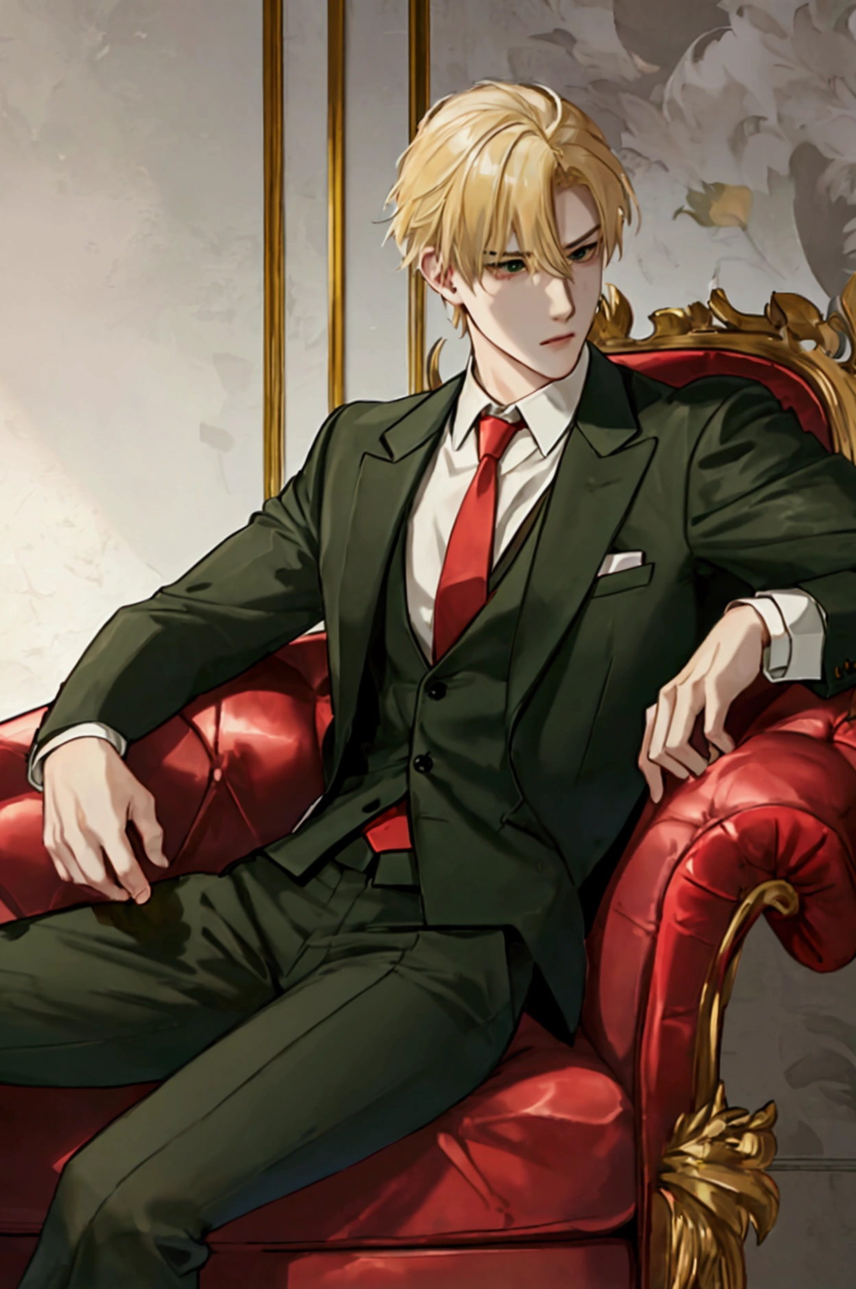 male,blonde,Wearing adult clothes(Suit,green tea color,Red tie,The neckline of the clothes is slightly open)hands wearing black gloves,action(坐在sofa上) Face slightly turned to the side(The expression is serious,Handsome) sofa(Leather Chair),background(dark tones,dangerous style) Clear picture quality