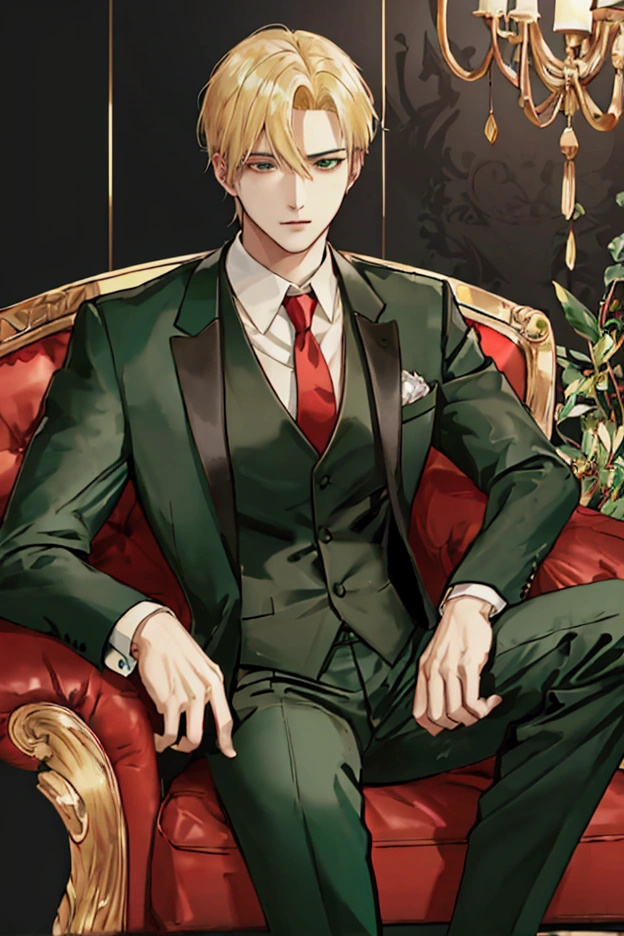 male,blonde,Wearing adult clothes(Suit,green tea color,Red tie,The neckline of the clothes is slightly open)hands wearing black gloves,action(坐在sofa上) Face slightly turned to the side(The expression is serious,Handsome) sofa(Leather Chair),background(dark tones,dangerous style) Clear picture quality