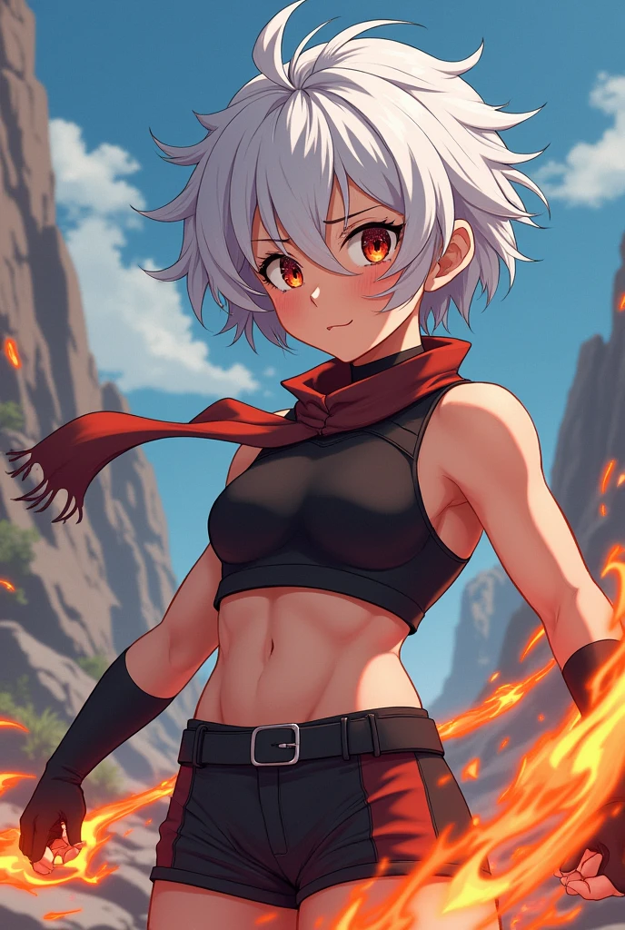 A girl with short messy white hair, with kyojuro rengoku, and red and orange eyes and strong muscles like those of Uzui Tenguen, and the cropped hunter suit,