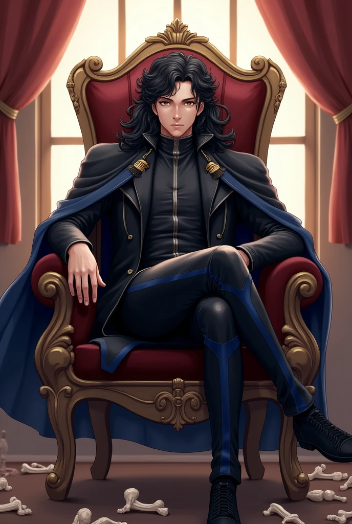 (anime, resolution, 1920x1080), man , Sitting on a throne, dressed in dark clothes and a black cape with dark blue, black leather pants with blue stripes, long curly hair, Soft lighting, bones at the bottom, window with sunlight, throne room, relaxed pose, Realistic and intricate details , warm colors, by Greg Rutkowski, with living skeletons, kneeling
