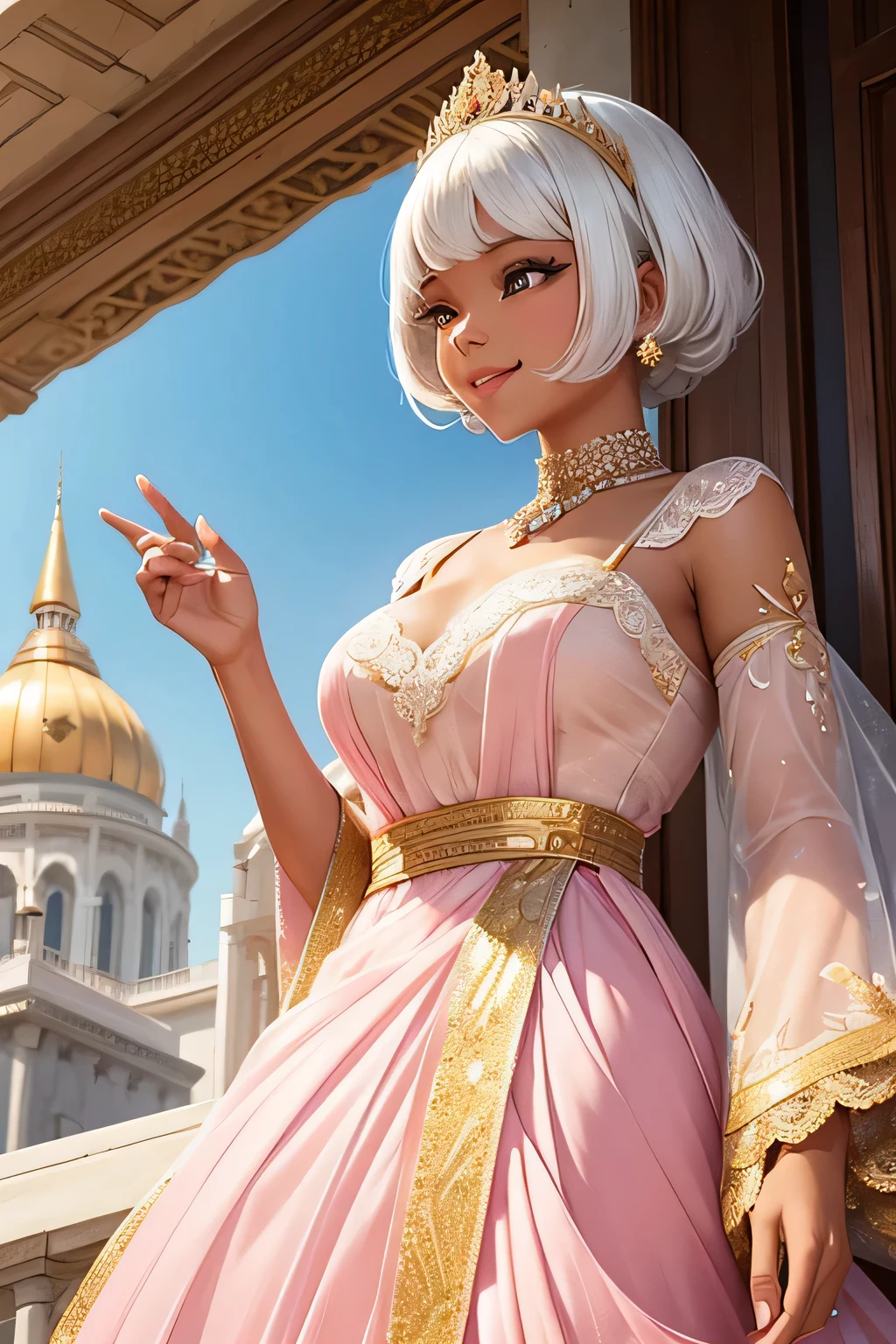 A cute black princess with short white hair, wearing a charming pastel pink and gold gown adorned with delicate lace, stands on a grand palace balcony. She has a radiant smile and waves joyfully to the adoring crowd below. The bright sunlight enhances her glowing skin and the intricate lace details on her gown. Behind her, the palace's elegant architecture and vibrant flower gardens create a cheerful and inviting atmosphere,upper body