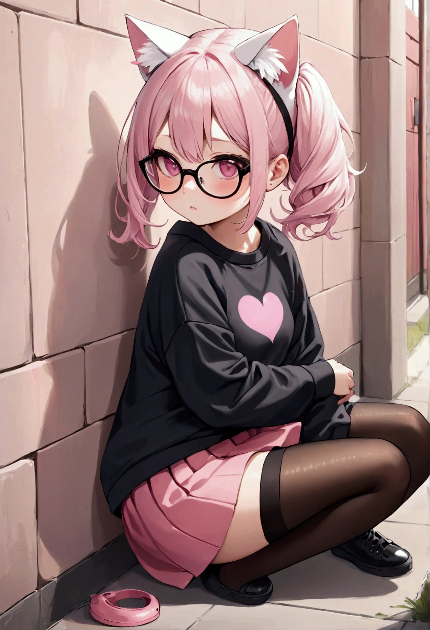 I have white pink hair, cat ears, a bun, my face is super blushing, black glasses, pink heart eyes, a big pink sweatshirt, a black skirt, black stockings, white shoes, a cat&#39;s tail, a girl. very shy that she is glued to a wall with her butt