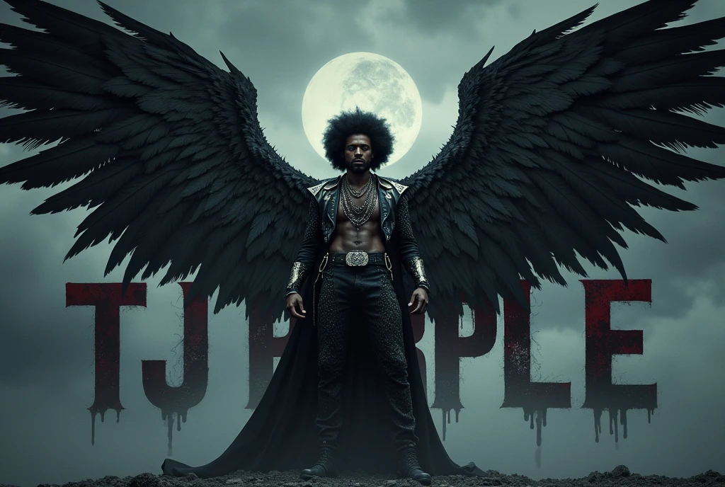 An afro male in rockstar outfits with huge wings in the dark sky, with the word Tj Purple boldly written on the background in horror text with musical symbols