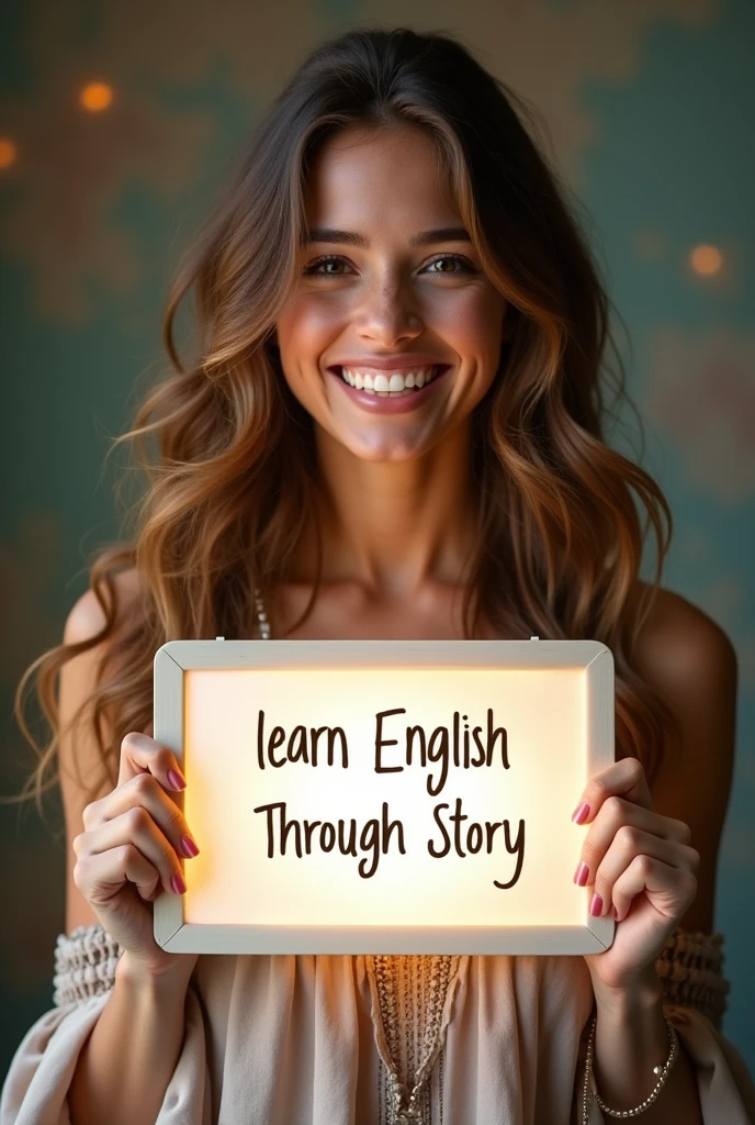 Beautiful girl with heart-warming smile and wavy long hair, bohemian dress, holding a white board with text "learn English Through Story" and showing it to the viewer, the board is glowing with the text.