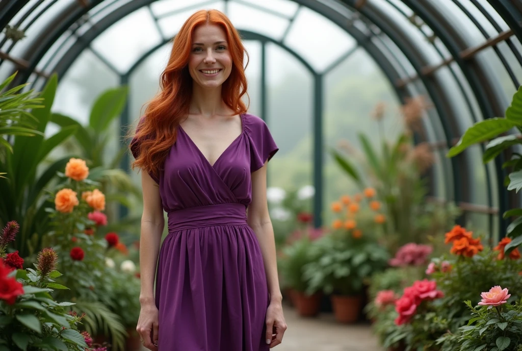 Redheaded woman 40 years old in good mood in purple dress in a magical florarium in a greenhouse under a glass round dome
