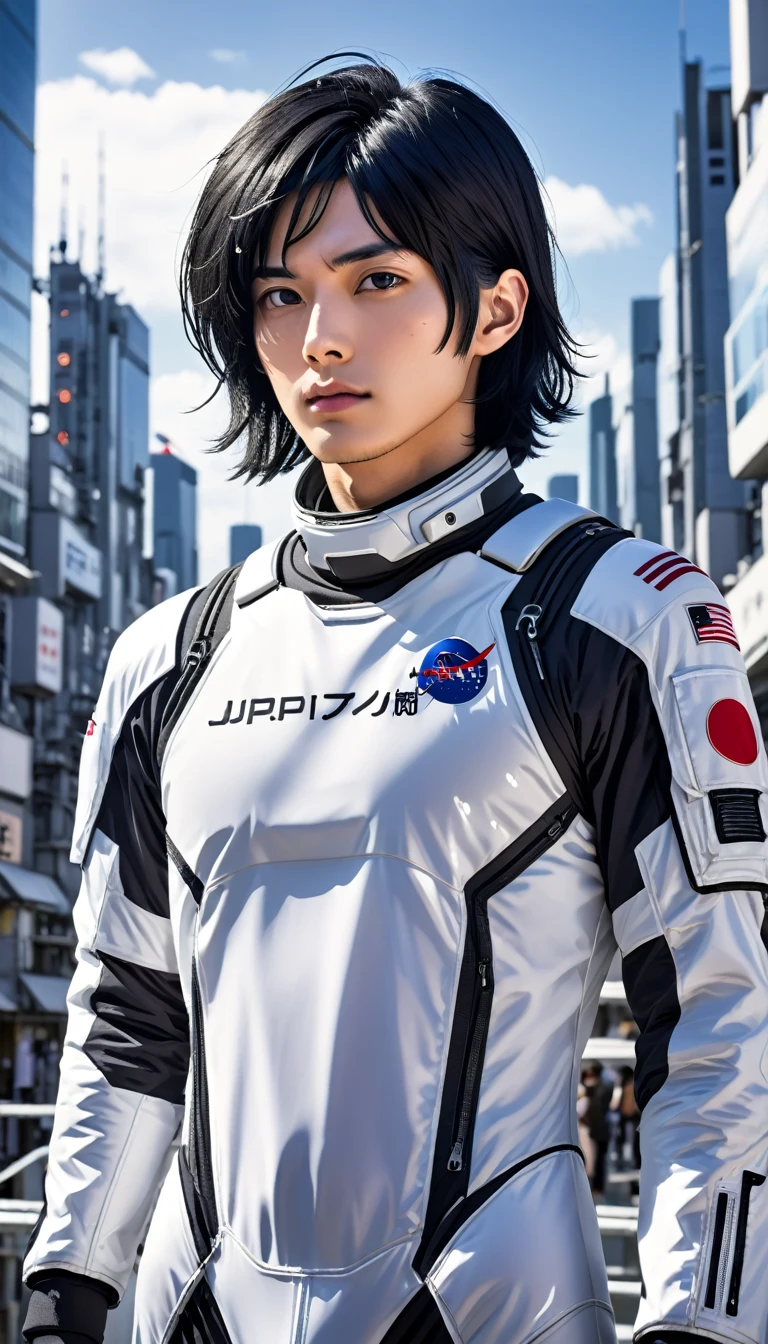 Spacesuit、male、24-years-old、background、Japanese、Black Hair、Long bob cut、Upper Body、Close-up of face、Future City。