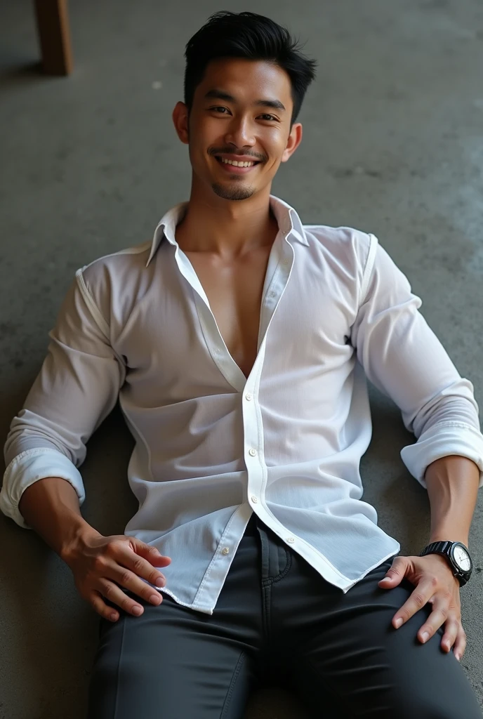 Asian man(korean,vietnamese,chinese,Japanese), 18 years old, Handsome and elegant,beardless, Wearing a  transparent shirt, sexy , Masculine and handsome,musculous，Muscles look good, with fair skin,, Full body photo,(ultra-detailed, photorealistic, best quality, 4k, 8k, highres, masterpiece:1.3), charming  , (muscular build body), with the top button casually undone, perfectly fitted charcoal trousers, sweat, unbutton buttons shirt, lewd face ,tight chest, sex, erotic, horny,  Accessories include a luxury wristwatch , in crowded places,looking at viewer,muscle veins, sexy posing,lying on the ground,top view,,No underwear,lewd smile,erection
