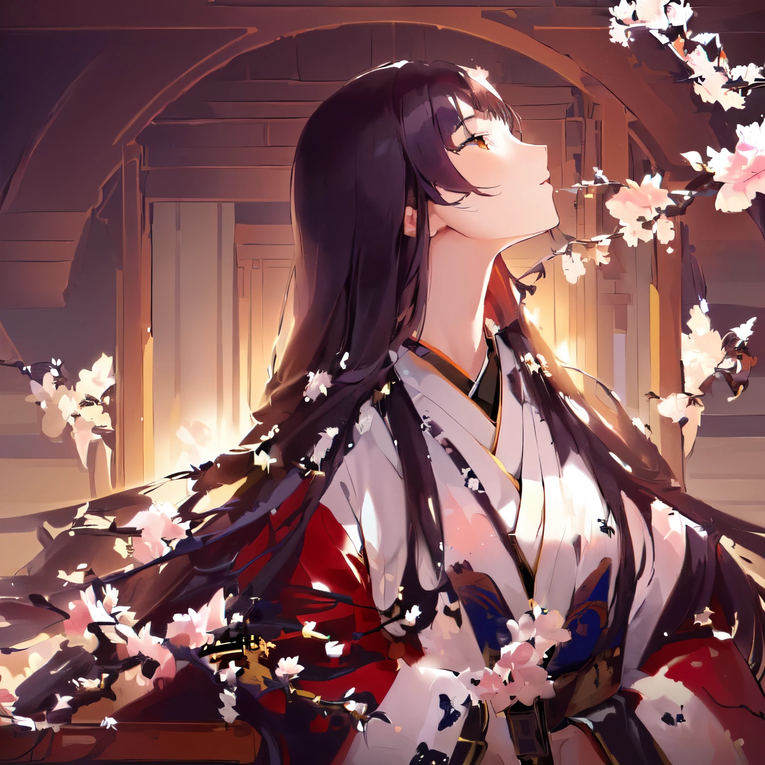 ((masterpiece, top quality, high resolution, highly detailed CG unified 8K wallpaper)), Anime girl with long straight hair and colorful kimono, japanese art style, japanese art, beautiful artwork illustration, traditional japanese art, from the warring states period, beautiful anime woman, beautiful anime, japanese illustration, beautiful anime artwork big full moon with bamboo forest, night background, medieval japanese garden, woman looking up at sky with full moon in background, 