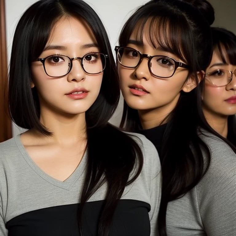 beautiful detailed, cute face, short, mexican teen, medium black hair, black hair over one eye, glasses, long-sleeved tucked in v neck T-shirt, long pants, solo, voluptuous breasts, half body photo.