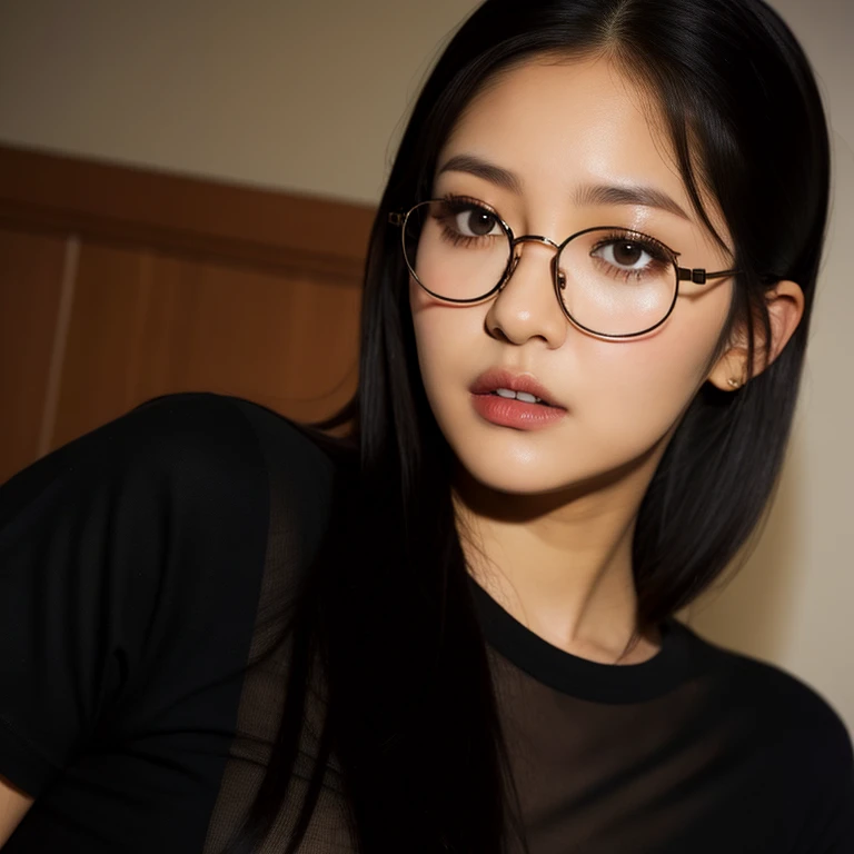 beautiful detailed, cute face, short, mexican , medium black hair, black hair over one eye, glasses, long-sleeved tucked in v neck T-shirt, long pants, solo, voluptuous breasts, half body photo.