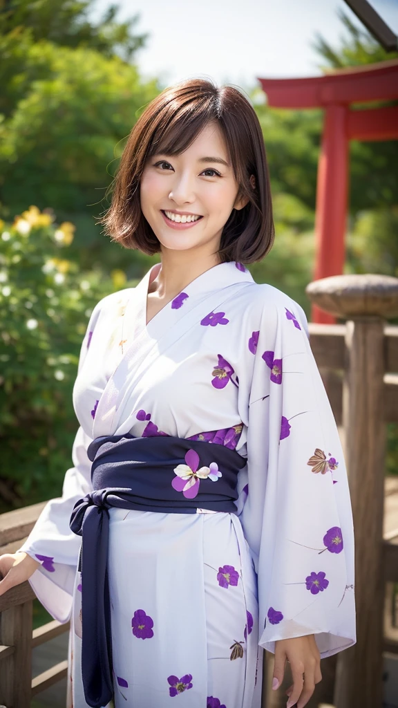 a mature beautiful Japanese woman, 36-year old, cute smile, (wearing flower pattern Japanese common Yukata:1.25), portrait, masterpiece, best quality, High resolution, plum lips), regular body shape, tie dark brown hair, 8k, traditional Japanese hous,e outside, just little chubby,