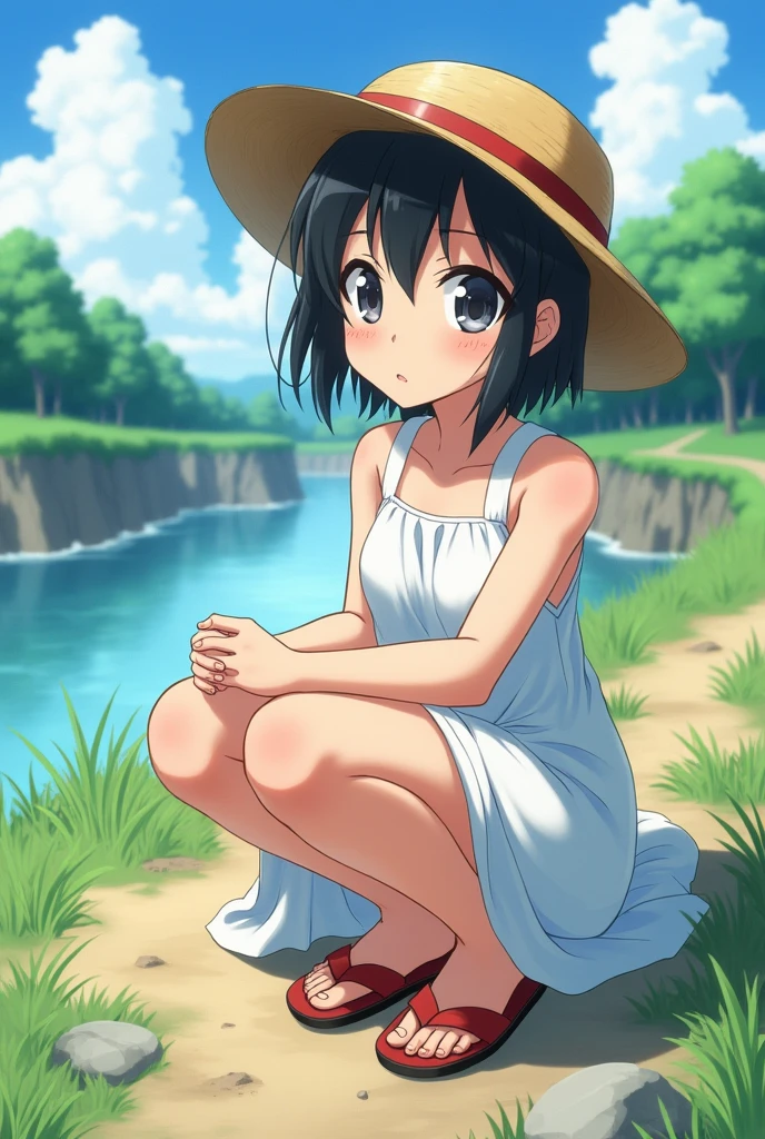 masterpiece, Highest quality, perfect anatomy, {1girl}, {}, boyish, black hair, Cut hair, Sunburn, White one-piece dress ,straw hat, Red sandals, squatting, summer sky, Riverside, Rural Japan, cinematic lighting, beautiful detailed eyes,sunlight, Composition from the front, Top view, Double Peace