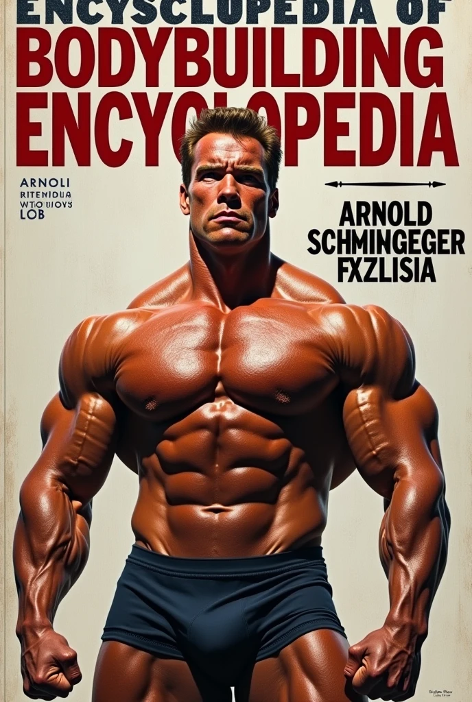 Create a cover with Arnold Schwarzenegger's physique for a book about the encyclopedia of bodybuilding exercises as a title