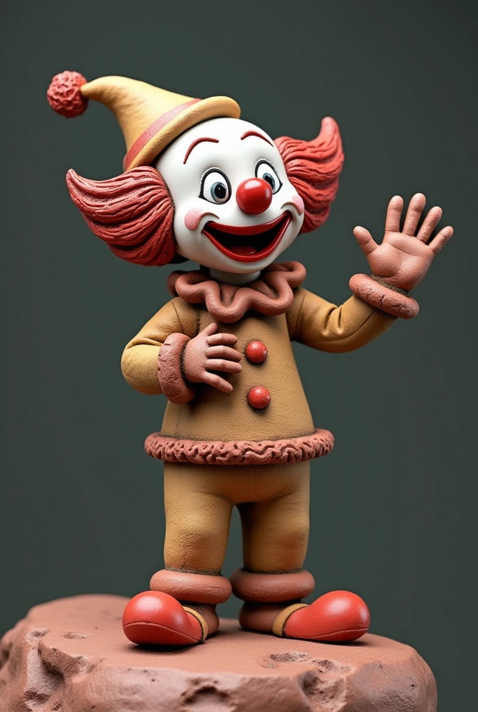 a close up of a clay clown statue on a rock, Portraits inspired by Ron English, ZBrush Center Competition Winners, New Sculpture, bozo the clown. Circus theme, 3D Clay Figures, clown, bozo the clown. clown motif, made out of clay, CGI Clay Sculpture, theme made of cracked clay, clown waving hello, Clay Rendering