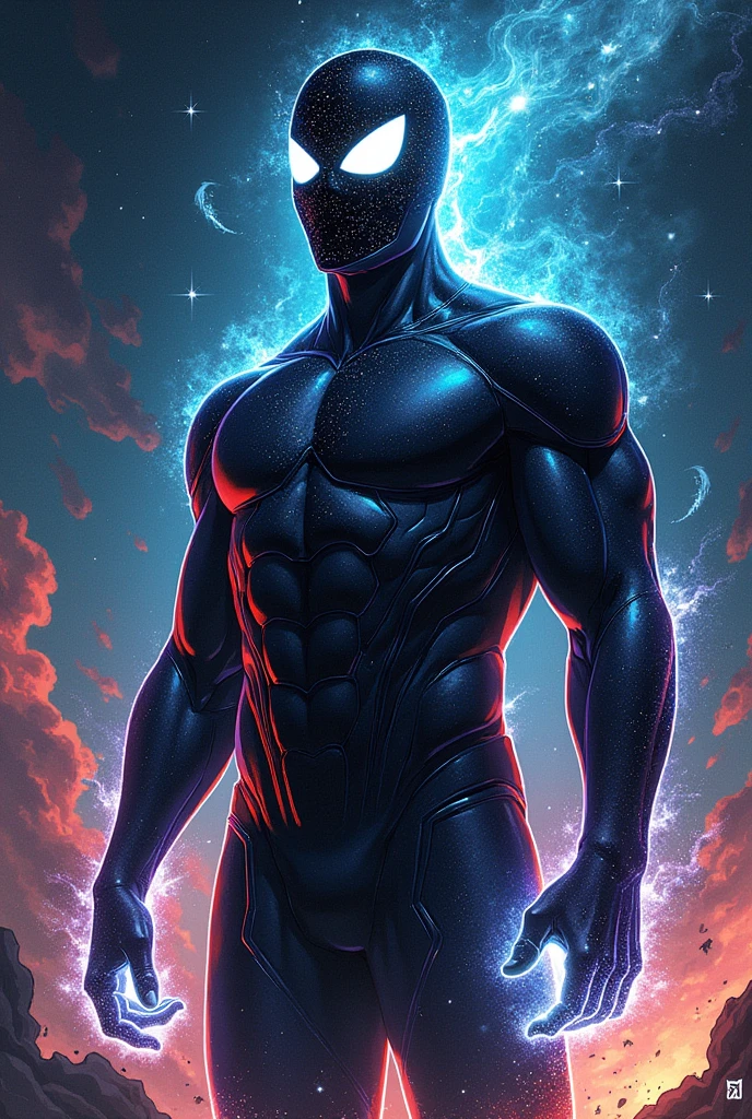 Create a comic-style illustration of Dimensão, a hero with the powers of intangibility and space-time manipulation. He should be depicted in a pose that showcases his ability to blend seamlessly with the environment and alter reality. His costume should reflect the cosmic depth of space and time, featuring a dark, shimmering fabric that resembles the night sky, with swirling galaxies and nebulae.
Dimensão's attire should appear as if it’s constantly shifting and distorting, representing his control over space-time. His body should have a translucent quality, with parts of him fading in and out of view, demonstrating his intangibility.
His mask should cover his face with an intricate design of stars and cosmic patterns, giving it a mysterious and otherworldly look. His eyes should glow with a deep, ethereal light, suggesting the vastness of the universe.
The aura around him should be a mix of swirling cosmic energies and distorted space, with hints of stars and nebulae. The background can depict a surreal, shifting environment, with elements like bending space, time warps, and celestial phenomena that highlight his influence over reality.
Capture Dimensão’s expression and stance to reflect his contemplative and strategic nature, showcasing a hero who navigates and manipulates the very fabric of the cosmos with calm precision.
