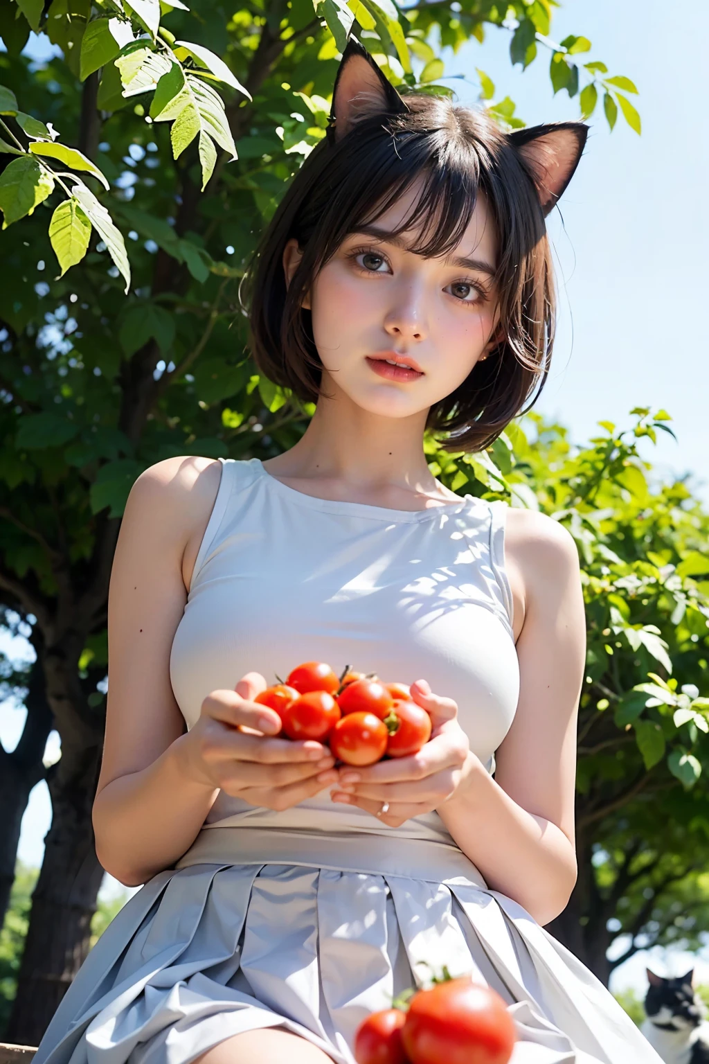 Masterpiece, bokeh
(best quality:1.2), (raw photo), dappled sunlight, dramatic lighting,
(beautiful girl), (shame smile:0.8),
(A basket full of tomatoes, in a tomato field), (Beautiful face), (Detailed face), (Japanese idle), (Plump breast:1.2), (White tanktop:1.3), (Pleated skirt:1.3), (Blushed face:1.3), (Cat ears:1.3), (From below:1.5),