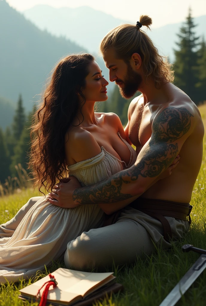 a medieval woman lies on a ground in medieval forest naked with a man and they make love
