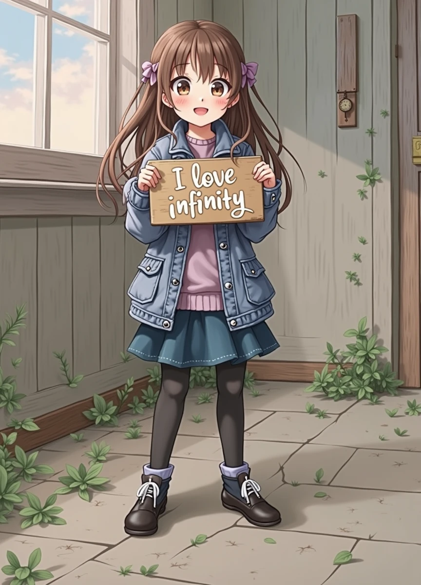 a beautiful and cute woman holding up a sign "i love infinity", joyful, happy, anime illustration, photorealistic, oil painting