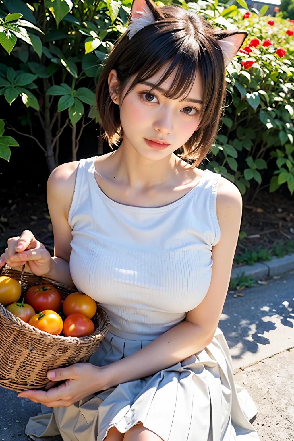 Masterpiece, bokeh
(best quality:1.2), (raw photo), dappled sunlight, dramatic lighting, 
(beautiful girl), (shame smile:0.8), 
(A basket full of tomatoes, in a tomato field),  (Beautiful face), (Detailed face), (Japanese idle), (Plump breast:1.2), (White tanktop:1.3), (Pleated skirt:1.3), (Blushed face:1.3), (Cat ears:1.3), (From below:1.5),