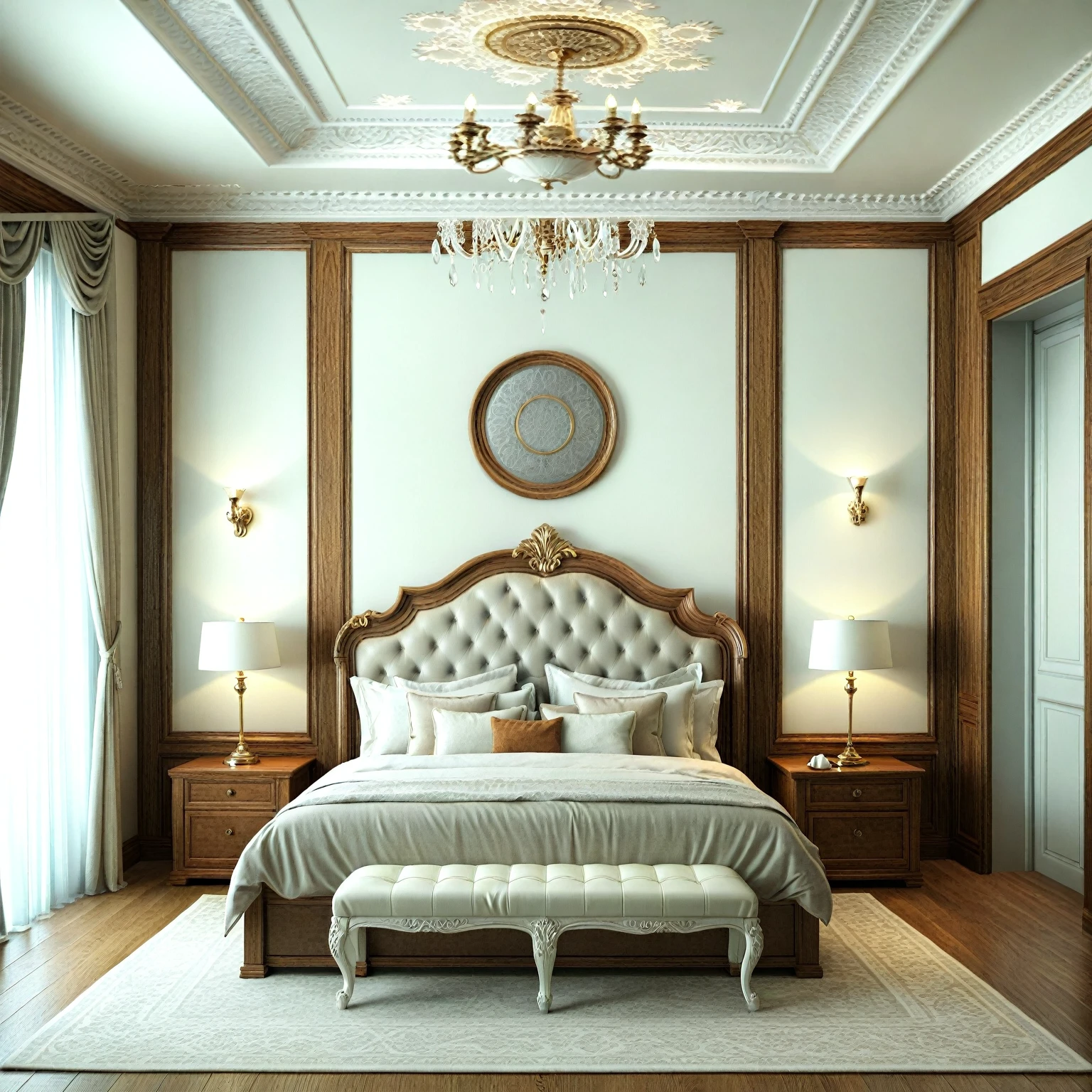 RAW photo, masterpiece, a view of a ( Bed ROOM :1.3) with a couch, chairs, and a chandelier, highly detailed interior, neo - classical style, neoclassical style, neoclassicism style, interior architect architectural visualization, neoclassical style, in style of classicism, white light sun, rendered in vray, rendered in v-ray, rendered in unreal engine 3d, (photorealistic:1.2), (photorealistic:1.5), best quality, ultra high res, architechture, (leather sofa detail:1.5), neoclassic house, (detailed railing neoclassic:1.5), luxury neoclassical villa, (mable floor details:1.5), (detailed neoclassical carpet:1.5), in the style of neoclassical scene, glass windows, best quality, (Intricate lines:1.5), ((Photorealism:1.5)),(((hyper detail:1.5))), archdaily, award winning design, (dynamic light:1.3), (day light:1.2), (perfect light:1.3), (shimering light :1.4), refection glass windows, (curved line architecture arch:1.2), photorealistic, FKAA, TXAA, RTX, SSAO, Post Processing, Post-Production, CGI, VFX, SFX, Full color,((Unreal Engine 5)), Canon EOS R5 Camera + Lens RF 45MP full-frame CMOS sensor, HDR, Realistic, Cinematic intricate detail, extreme detail, science, hyper-detail, FKAA, super detail, super realistic, crazy detail, intricate detail, nice color grading, reflected light on glass, eye-catching wall lights, unreal engine 5, octane render, cinematic, trending on artstation, High-fidelity, Viwvid, Crisp, Sharp, Bright, Stunning, ((Lifelike)), Natural, ((Eye-catching)), Illuminating, Flawless, High-quality,Sharp edge rendering, medium soft lighting, photographic render, detailed archviz, ((( BRIGHT WHITE  Tone : 3 ))), (( LIGHT NATURAL reddish-brown doussie wood ))
