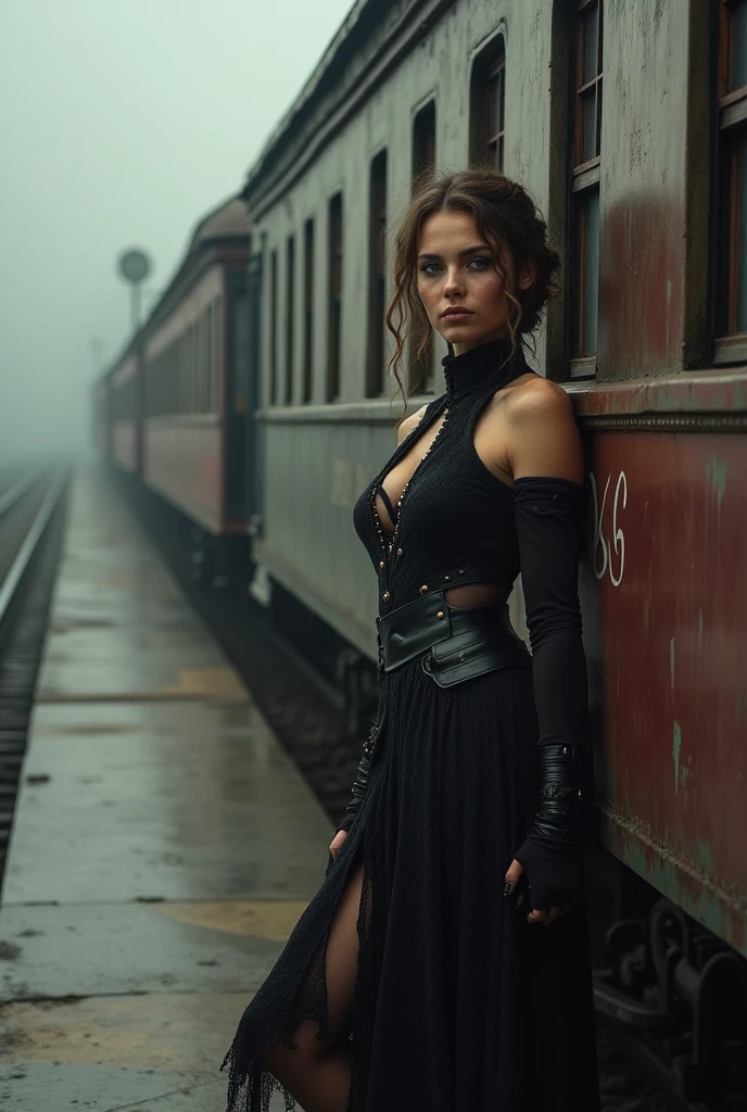 Steampunk Train Station, waiting Steampunk Train, fog, Steampunk atmoshere, Masterpiece, best quality, ultra high resolution, 4K detaillierte CG, strahlende Augen, Steampunk, mit schwarzem Split-Off-Meshkleid und Stiefeln, Full body shot, stands next to the train, (Realisttic:1.2), analog photo style, Beautifull Steampunk Women, posing, with freckles and long Brown hair braided, wear a Fantastic Steampunk dress (steampunk dark fantasy atmosphere), soft natural light, cute and sexy, great quality, Masterpiece, detailed strange background, better performance, 16k quality, HDR, RAW photo