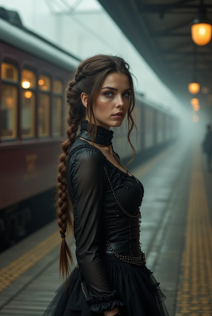 Steampunk Train Station, waiting Steampunk Train, fog, Steampunk atmoshere, Masterpiece, best quality, ultra high resolution, 4K detaillierte CG, strahlende Augen, Steampunk, mit schwarzem Split-Off-Meshkleid und Stiefeln, Full body shot, stands next to the train, (Realisttic:1.2), analog photo style, Beautifull Steampunk Women, posing, with freckles and long Brown hair braided, wear a Fantastic Steampunk dress (steampunk dark fantasy atmosphere), soft natural light, cute and sexy, great quality, Masterpiece, detailed strange background, better performance, 16k quality, HDR, RAW photo