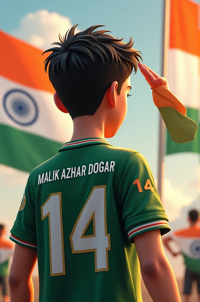 a 21 years old boy salutes the national flag of bharat and he is wearing a shirt print is like Pakistan flag and "MALIK AZHAR DOGAR" and 14 number and independence day in small is written on it's back in big and bold fonts, 3d illustration