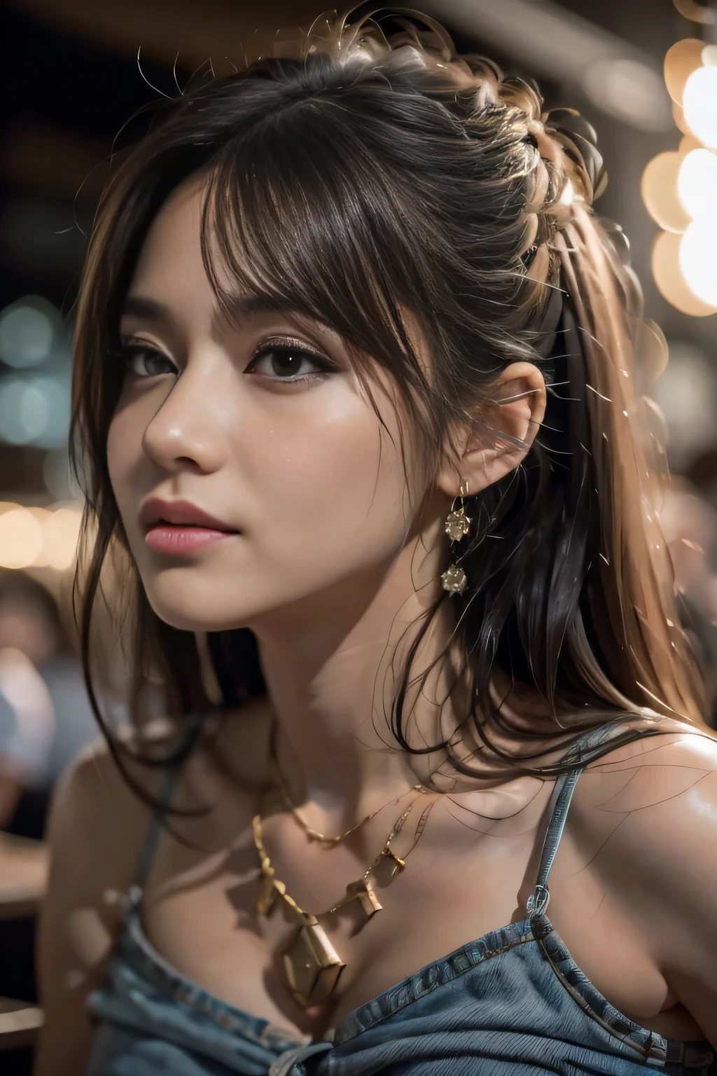 Tabletop, Highest quality, Realistic, Very detailed, High resolution, 8k wallpaper, 1. Beautiful woman, Wear brightly colored, printed shirts, At the pub, View your audience, At night, Light brown messy hair, Perfect dynamic composition, Beautiful details