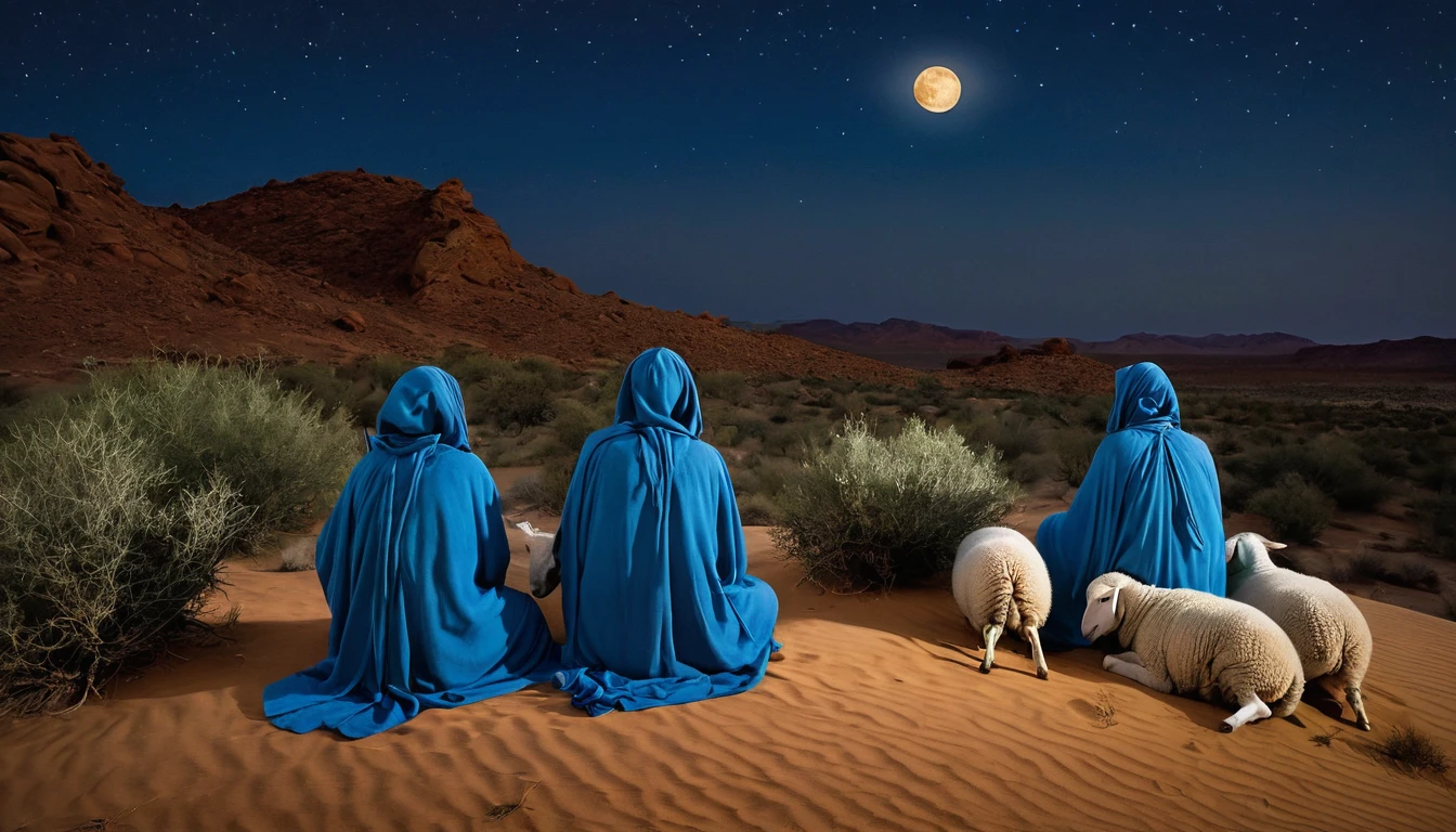 Photorealistic image depicting a pastoral night scene with three shepherds in the desert. No part of their faces cannot be seen, as they have their backs turned to the viewer. The light comes from the crescent moon. The layout features sheep sleeping amidst some vegetation and, in the foreground, three shepherds with their backs turned, talking, amazed and excited about something they see in the sky. One of them is sitting on a rock, another points, with his open hand, to a star where they all look, all with their backs turned, their faces cannot be seen. Each one holds a staff and is dressed in tunics with head coverings in blue, green and red. They are in a spot in the desert where there is some vegetation and rocks. Scattered around them are some sleeping white sheep. The background consists of desert dunes in shades of brown and orange, creating a contrast against the dark blue and starry night sky, with a waning moon. The overall composition evokes a peaceful and pastoral atmosphere. Realistic image, 8k, photography.