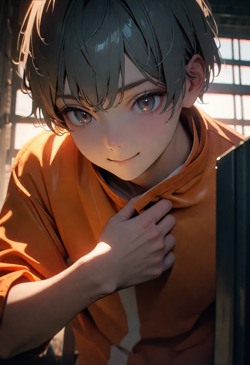 (8k, RAW photos, best quality, masterpiece: 1.4), (((Boy examining himself,Bitter smile)))，Ultra-high resolution, Extremely detailed, Dim Lights, Upper body close-up, handsome boy, black eyes, (delicate eyes, Eyes are bright:1.2), Gray short hair, Fair skin,dark, Orange prison uniform,Orange prison pants,(perfect anatomy:1.2), High-quality shadows, Natural Lighting, (White highlights:1.2), night, cloudy day, (Dimly lit cells:1.2), (Metal walls:1.2)
