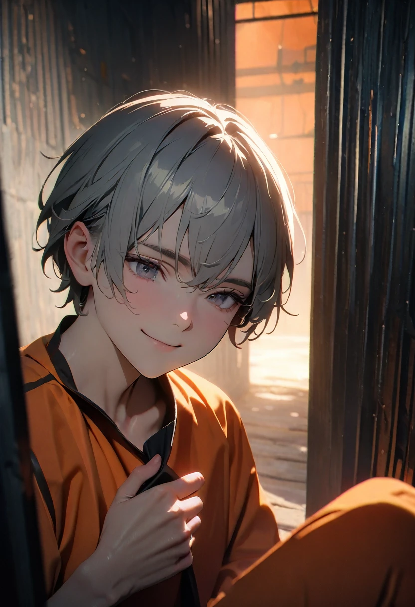 (8k, RAW photos, best quality, masterpiece: 1.4), (((Boy examining himself,Bitter smile)))，Ultra-high resolution, Extremely detailed, Dim Lights, Upper body close-up, handsome boy, black eyes, (delicate eyes, Eyes are bright:1.2), Gray short hair, Fair skin,dark, Orange prison uniform,Orange prison pants,(perfect ???????:1.2), High-quality shadows, Natural Lighting, (White highlights:1.2), night, cloudy day, (Dimly lit cells:1.2), (Metal walls:1.2)