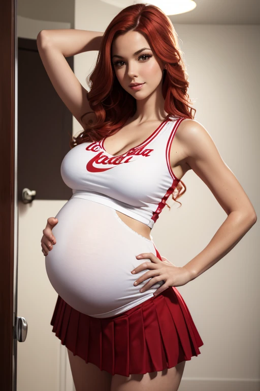 8k, masterpiece, very realistic, Full body Sexy pregnant cheerleader, very slim waist, slim thighs, pleated red cheerleader dress, white cheer crop top, long wavy red hair, medium breasts, pregnant, curved back, 