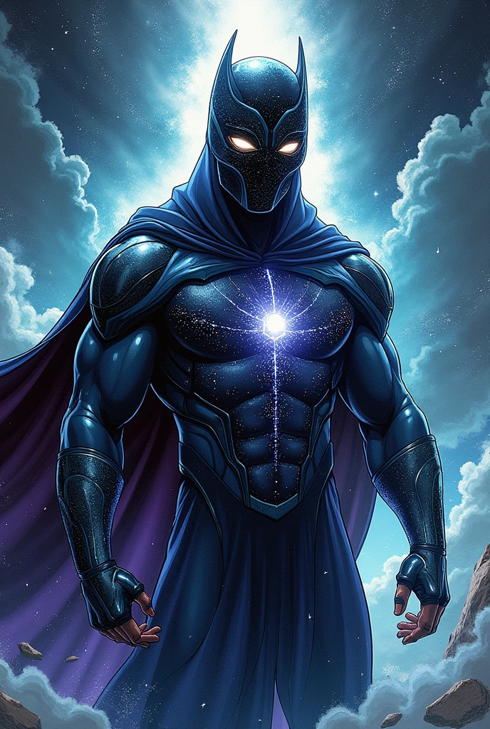 Create a comic-style illustration of Dimensão, a hero with the powers of intangibility and space-time manipulation. He should be depicted in a pose that showcases his ability to blend seamlessly with the environment and alter reality. His costume should reflect the cosmic depth of space and time, featuring a dark, shimmering fabric that resembles the night sky, with swirling galaxies and nebulae.
Dimensão's attire should appear as if it’s constantly shifting and distorting, representing his control over space-time. His body should have a translucent quality, with parts of him fading in and out of view, demonstrating his intangibility.
His mask should cover his face with an intricate design of stars and cosmic patterns, giving it a mysterious and otherworldly look. His eyes should glow with a deep, ethereal light, suggesting the vastness of the universe.
The aura around him should be a mix of swirling cosmic energies and distorted space, with hints of stars and nebulae. The background can depict a surreal, shifting environment, with elements like bending space, time warps, and celestial phenomena that highlight his influence over reality.
Capture Dimensão’s expression and stance to reflect his contemplative and strategic nature, showcasing a hero who navigates and manipulates the very fabric of the cosmos with calm precision.