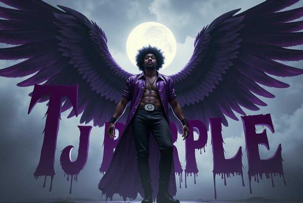 An afro male with huge evil wings performing on stage, with the word Tj Purple written on the background
