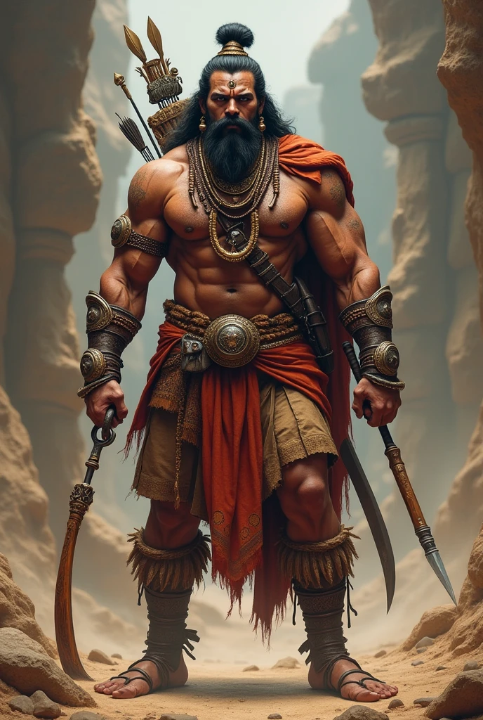 A muscular indian  have mustace beard ,have bow and aerrow , katar, sword wearing dhoti, kada bedi 