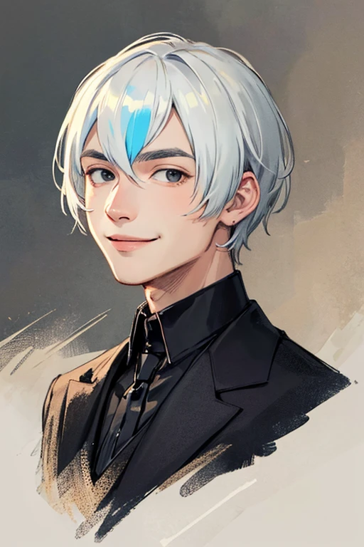 ((masterpiece)), (((best quality))), chromatic lighting,
colorized, white + black limited color palette,
detailed concept drawing, no weird object on his face,
portrait, 20yo 1guy, slender, short white hair, black eyes, smiling