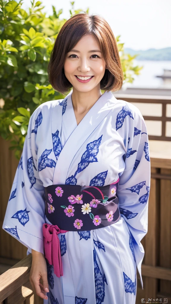 a mature beautiful Japanese woman, 39-year old, cute smile, (wearing flower pattern common Japanese Yukata:1.25), portrait, masterpiece, best quality, High resolution, plum lips), regular body shape, tie dark brown hair, 8k, traditional Japanese hous,e outside, little chubby,