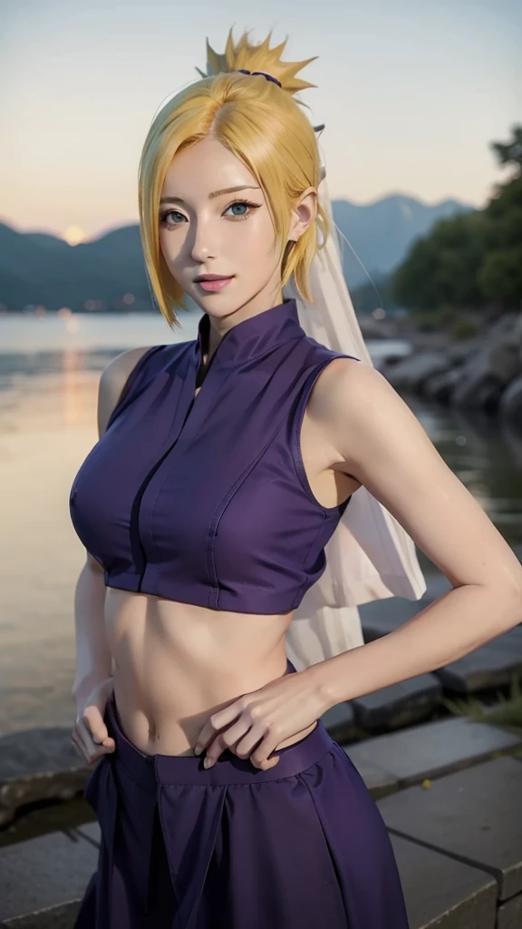 1girl, temari in anime naruto, short hair, yellow hair, blue eyes, smile, beautiful, sexy clothes, sexy dress, white clothes, very big breast, realistic clothes, purple clothes, outdoor background, ultra detail, realistic
