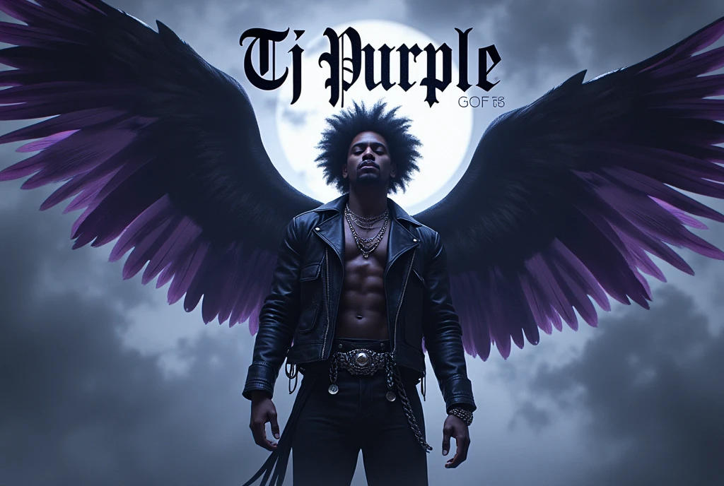 An afro male in rockstar outfits with huge wings in the dark sky, with the word Tj Purple boldly written on the background in horror text with musical symbols