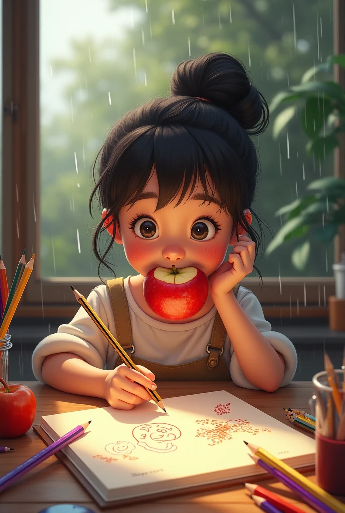 An Artist girl, eating apple while making sketch, pencils around her, smiley face, rainy day