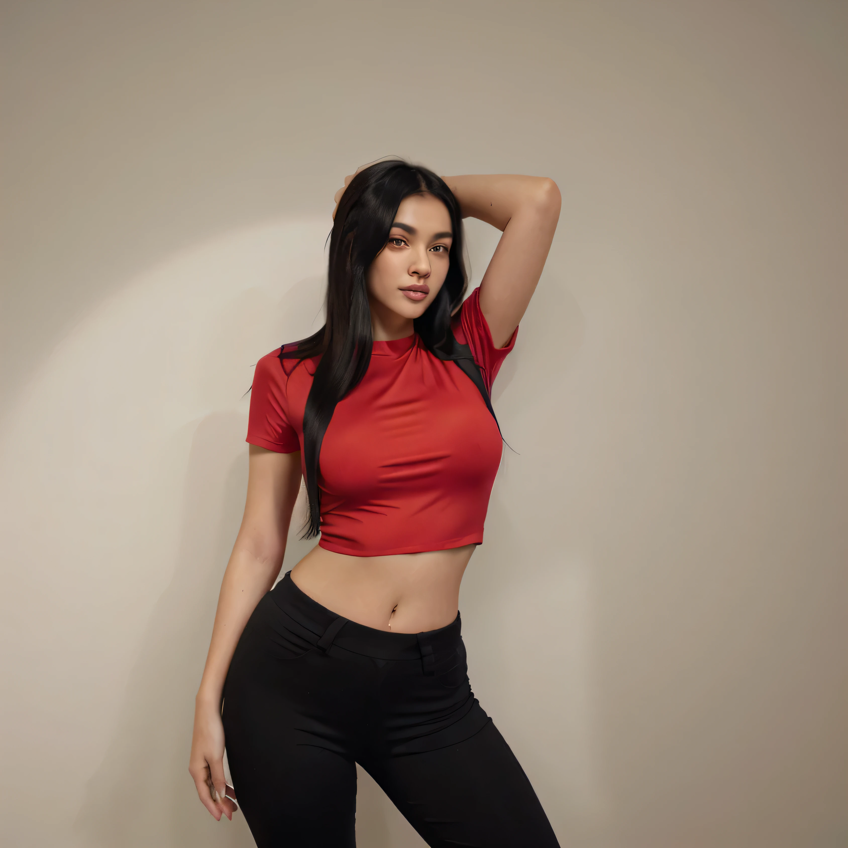 Araffe woman in red shirt and black pants posing for a photo., Very sexy woman with black hair, slim girl model photo, wearing simple, tight clothing, wearing a sexy crop top, woman with long black hair, wearing fitted shirt, long hair and red shirt, Model with attractive body, Sexy girl with dark complexion, thin waist and thick hips