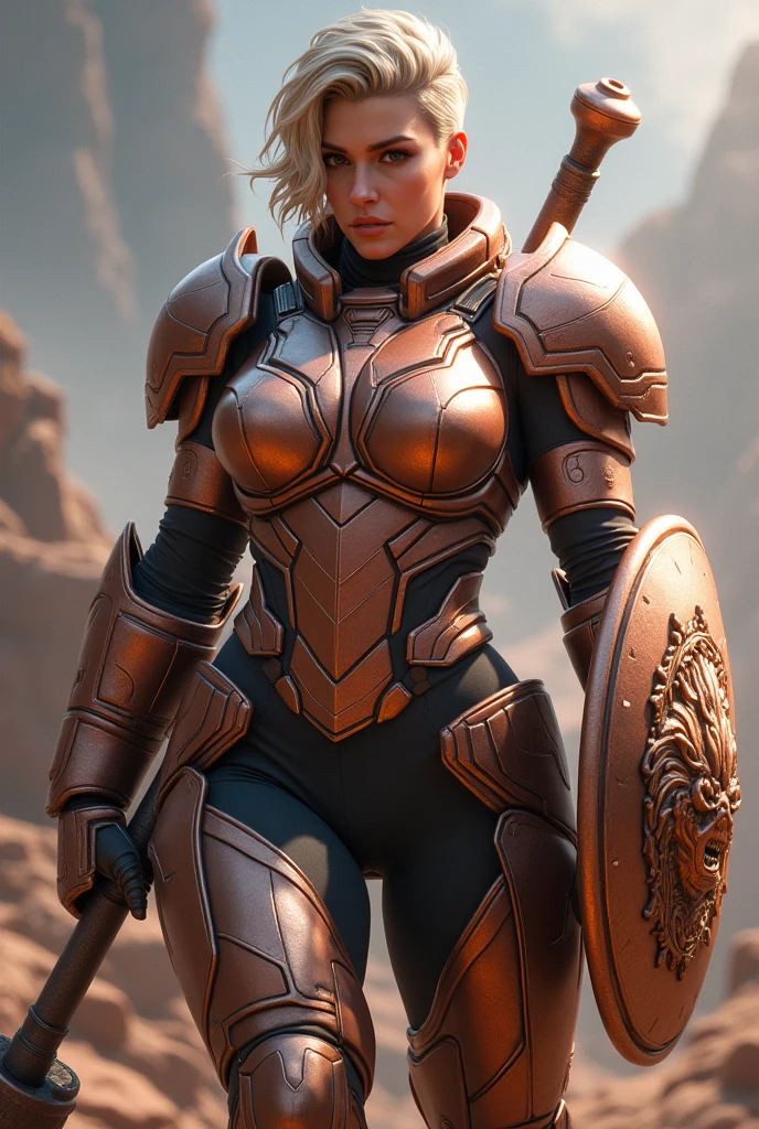 Highly detailed female characters in a team-based action-shooting video game、Job title: Tank、Holds a shield with Medusa design、Exquisitely detailed muscular body、Broad shoulders、Thick chest、Developed brachial muscles、Toned Abs、Developed thigh muscles、Beautifully detailed face、Very short hair、Rose gold color scheme、Heavy Armor、Tactical Helmet、Mjolnir、Concept Art、Intricate details、Hyperrealistic、8k、Highest quality、Photorealistic、masterpiece