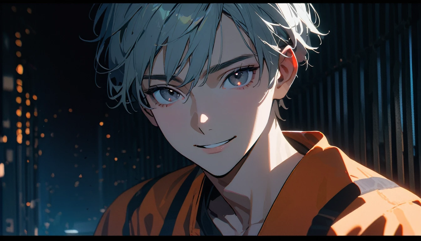 (8k, RAW photos, best quality, masterpiece: 1.4), (((The boy smiled bitterly))),Ultra-high resolution, Extremely detailed, Dim Lights, Upper body close-up, handsome boy, black eyes, (delicate eyes, Eyes are bright:1.2), Gray short hair, Fair skin,dark, Orange prison uniform,Orange prison pants,(perfect anatomy:1.2), High-quality shadows, Natural Lighting, (White highlights:1.2), night, cloudy day, (Dimly lit cells:1.2), (Metal walls:1.2)