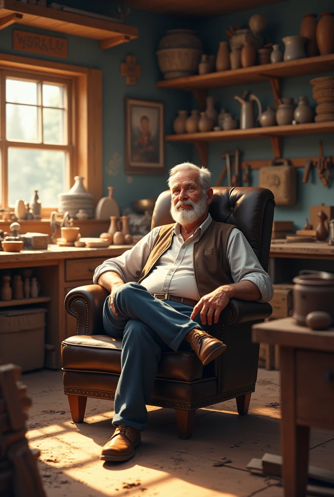 A man is setting in his shop on chair