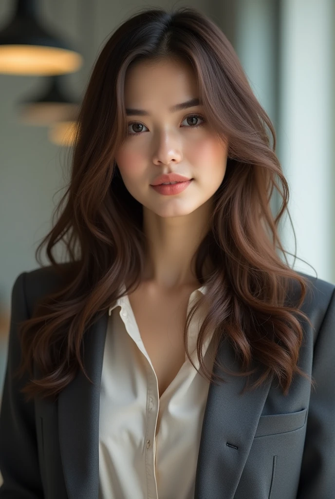 Mature Young,Office Clothes,Erotic style,very cute,whole body,Beautiful and soft skin、Perfect Face、Perfect Face,Gorgeous long brown hair,8k resolution,Ultra-realistic,Very detailed,high quality,Fashionable erotic beautiful immature woman ,(Look at the viewers)