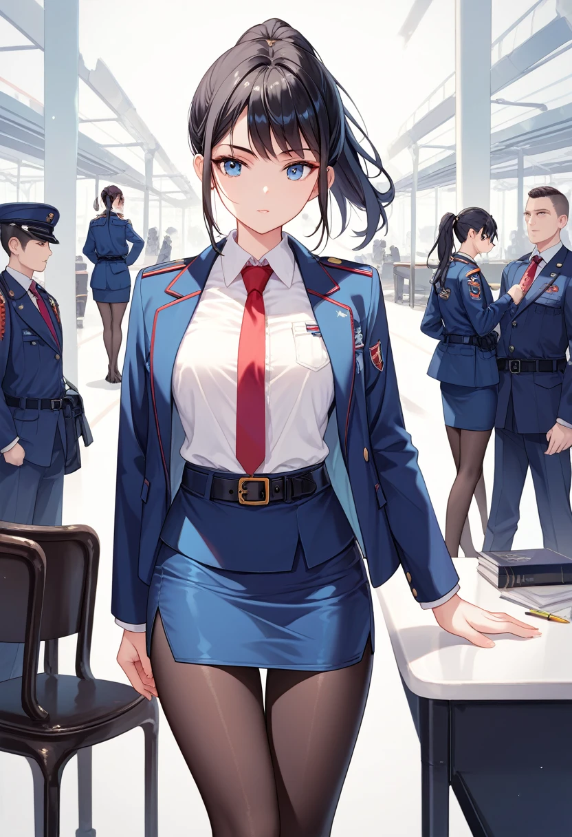  Black Hair,ponytail,Model body type,Jacket, White shirt, pantyhose, tie, Collared shirt, belt, uniform, Blue Skirt, black pantyhose, army, formal, blue Jacket, red tie, Pencil Skirt