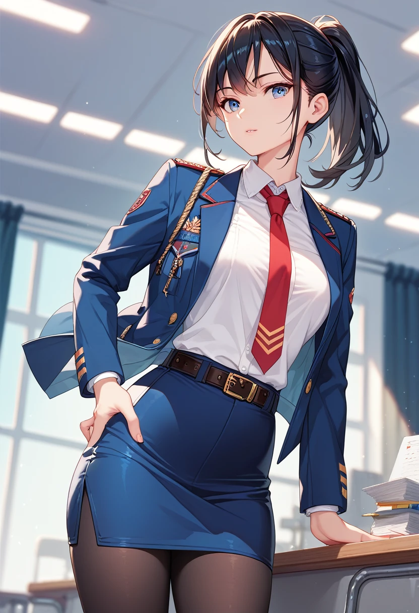 Black Hair,ponytail,Model body type,Jacket, White shirt, pantyhose, tie, Collared shirt, belt, uniform, Blue Skirt, black pantyhose, army, formal, blue Jacket, red tie, Pencil Skirt